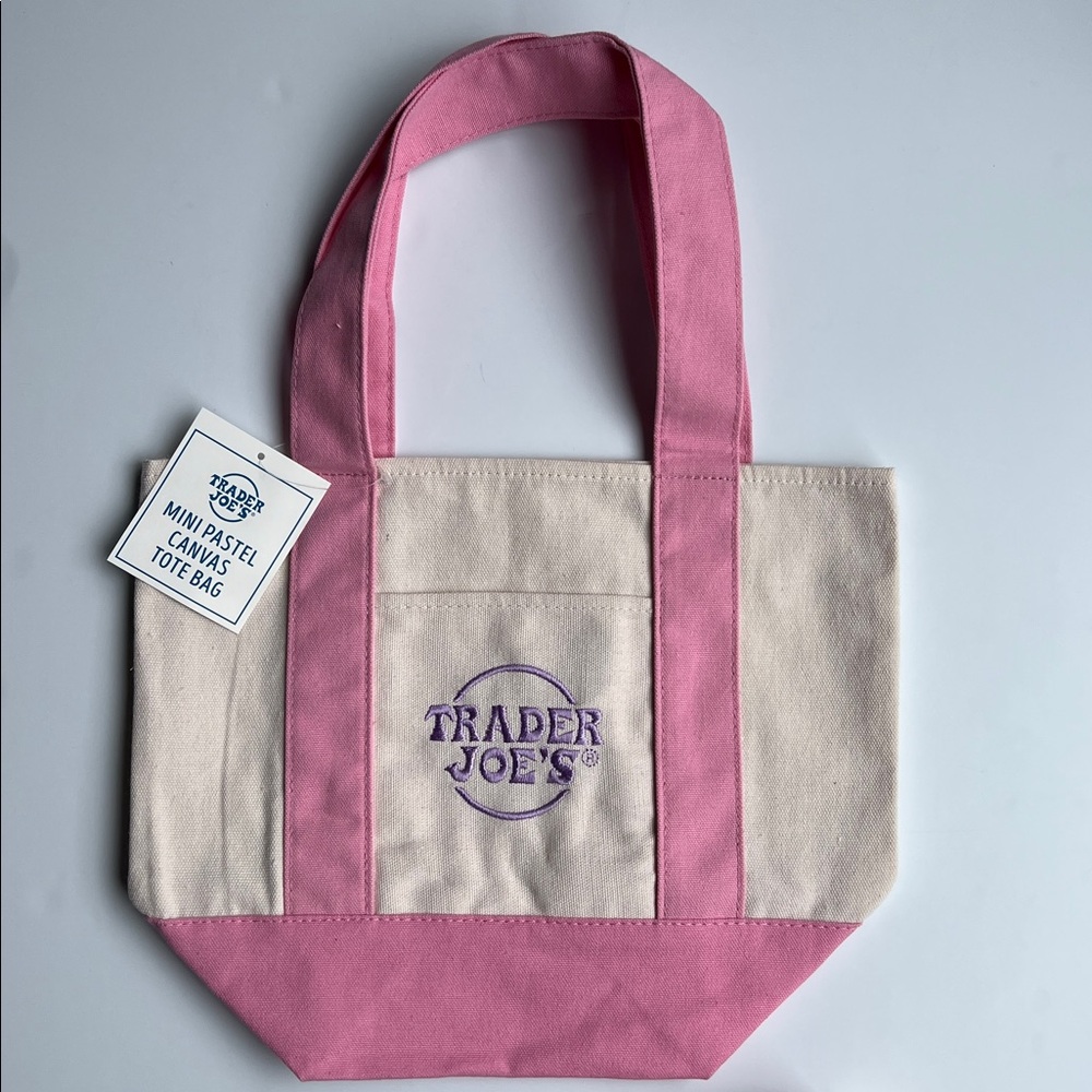 Trader Joe's Pink & Cream Mini Canvas Tote with Mochi Minster Keychain Bundle - Picture 2 of 6